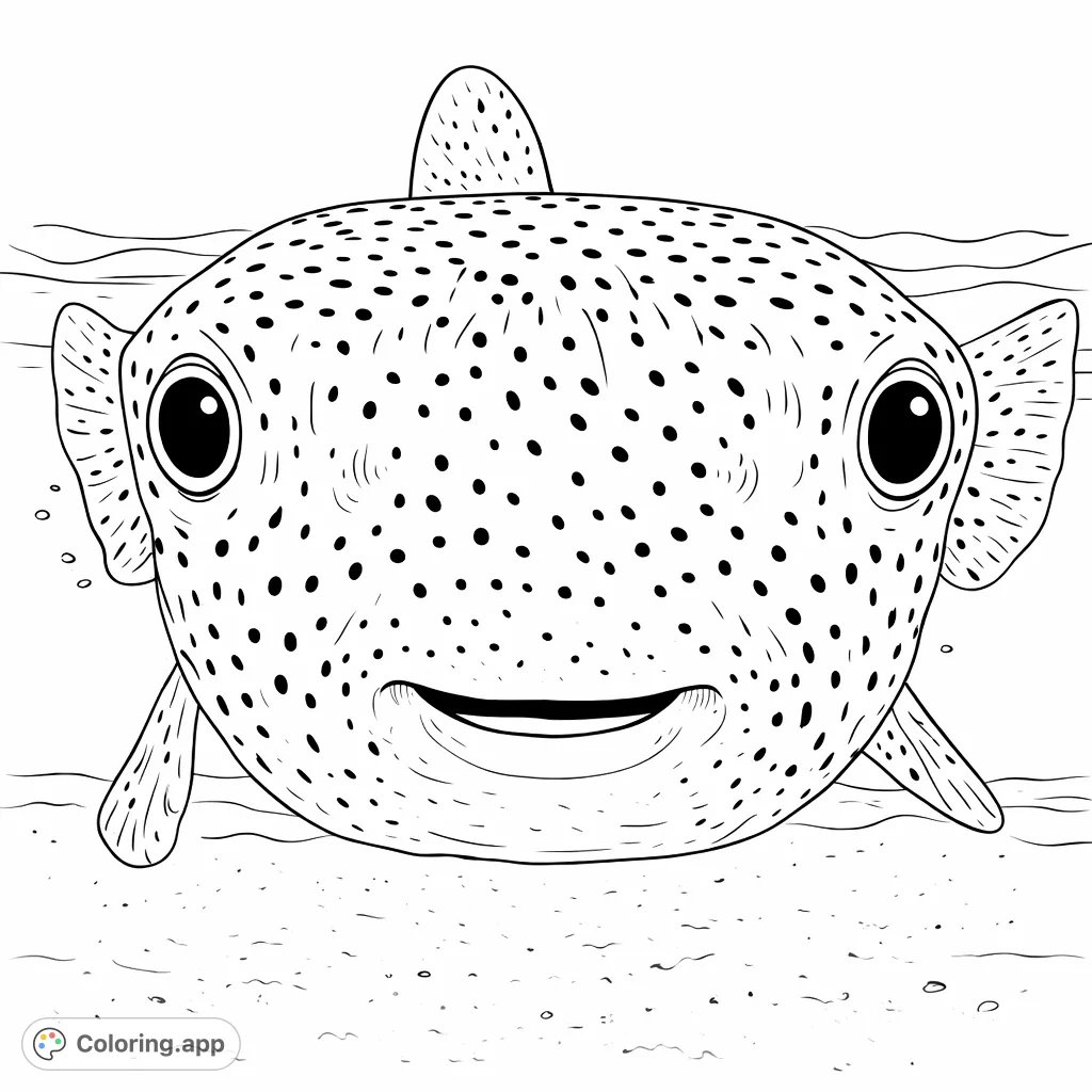 A cheerful pufferfish with prominent spots looks directly at you from a tranquil underwater setting. A delightful marine life coloring page.