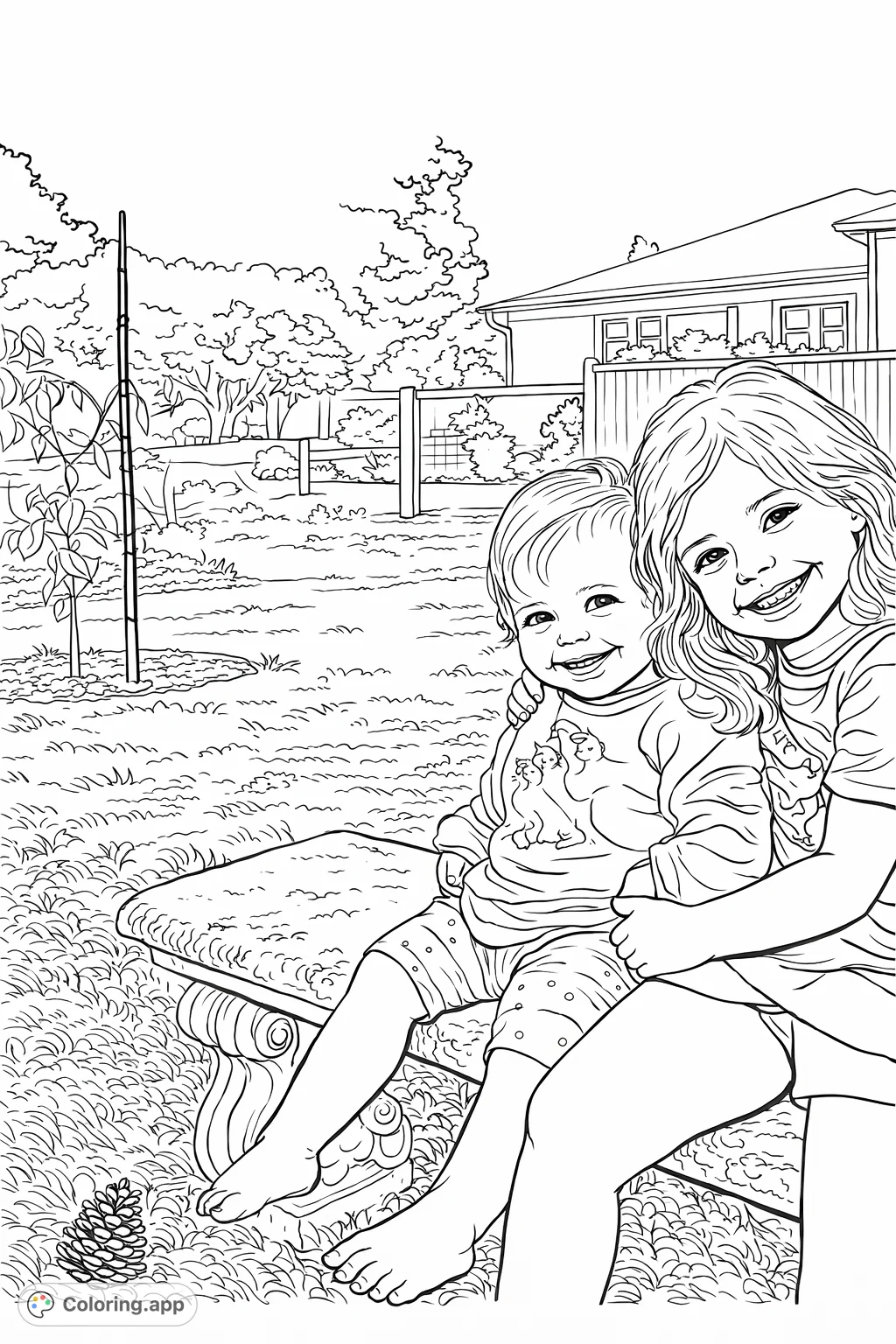 Capture the heartwarming scene of two smiling siblings sharing a moment on a garden bench amidst a peaceful outdoor setting. Perfect for family-themed fun.