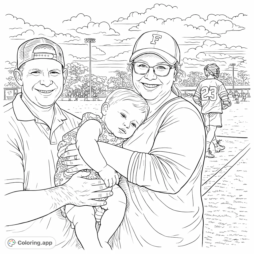 A heartwarming family portrait featuring a couple holding their baby on a sports field, with a game in progress. Perfect for a personal touch.