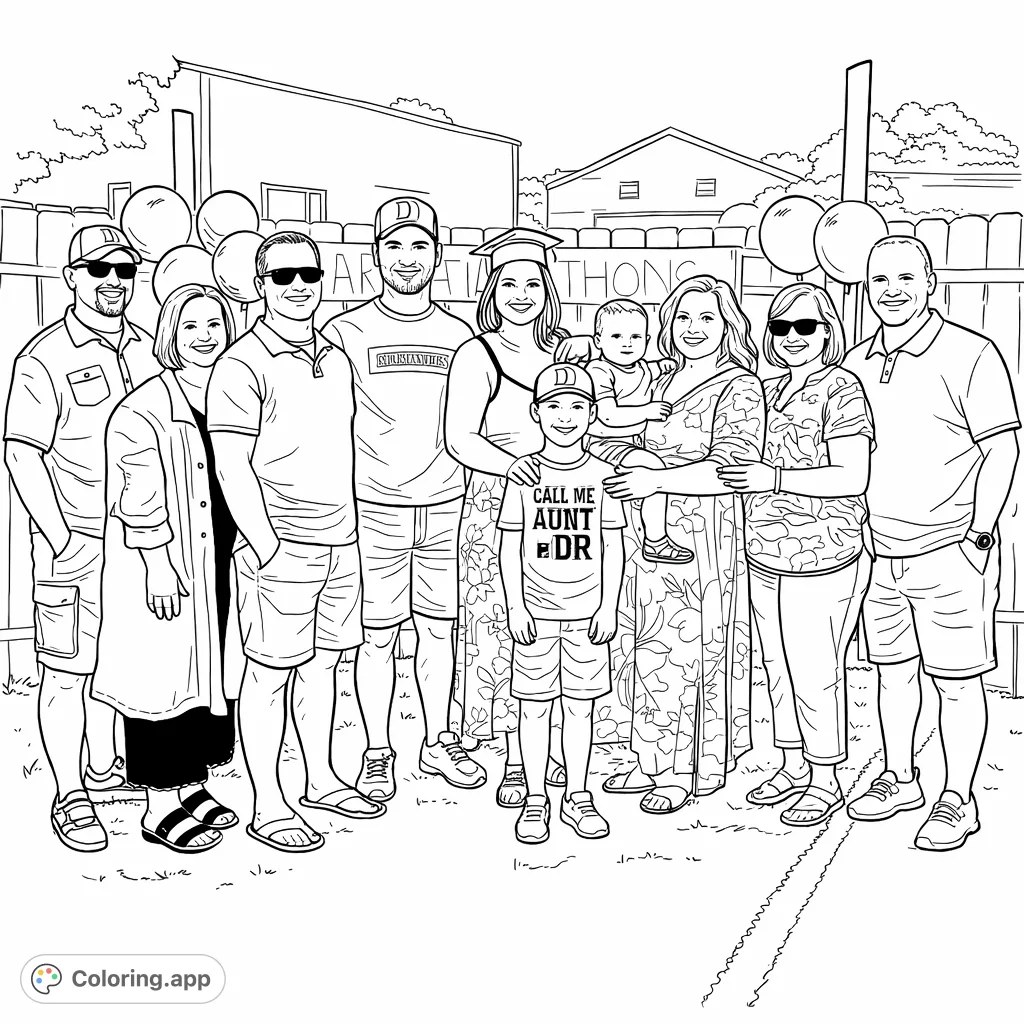 A heartwarming family gathering coloring page, featuring a joyful group of adults and children standing together, with balloons and a banner in the background.