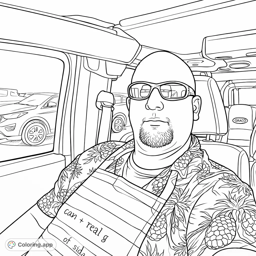 Capture the laid-back vibe of a driver in a patterned shirt and striped apron. Bring this casual, travel-themed scene to life with your favorite hues.