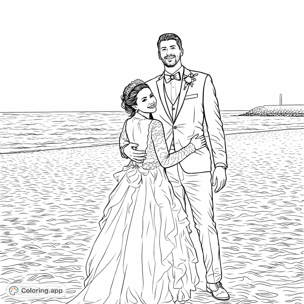 Capture a romantic beach scene with a newlywed couple. This delightful coloring page features intricate details of their attire and the sandy shore for a memorable artistic experience.