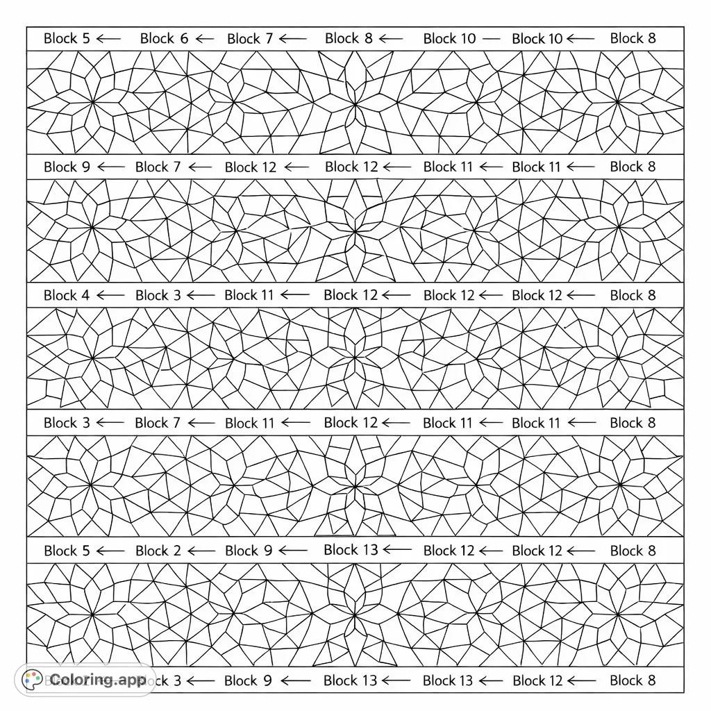 Immerse yourself in this intricate geometric stars coloring page, featuring a complex repeating pattern of interlocking shapes and radiating starbursts. Perfect for focused coloring.