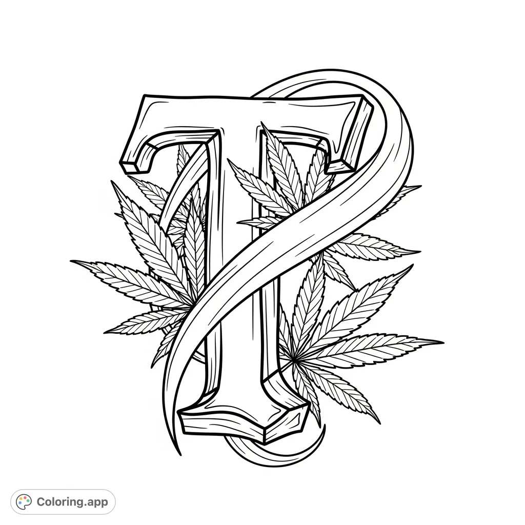An intricate stylized letter 'T' adorned with numerous cannabis leaves, featuring detailed serrated edges and vein patterns for a dynamic, organic coloring experience.
