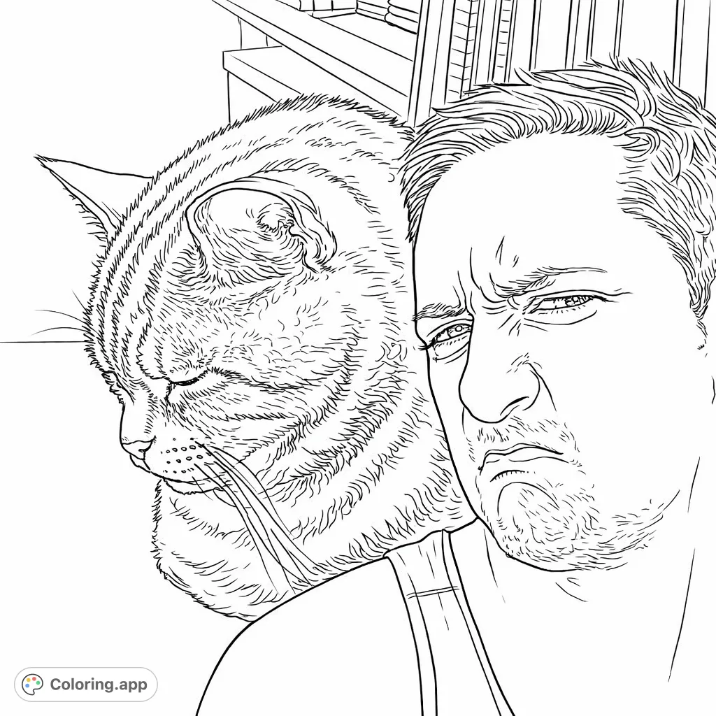 A humorous coloring page featuring a man's disgusted face beside a cat intently sniffing a fork. Perfect for expressive coloring fun!