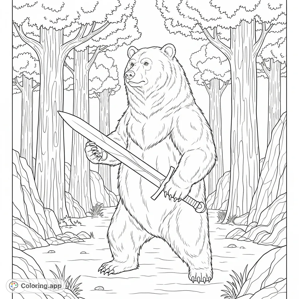 A powerful bear stands upright, wielding a broadsword in a forest clearing. This detailed bear with sword coloring page offers a thrilling adventure for colorists.
