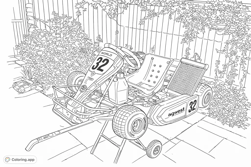 Unleash your creativity on this detailed go-kart coloring page, featuring a complex race machine ready for a custom livery. Perfect for vehicle enthusiasts.