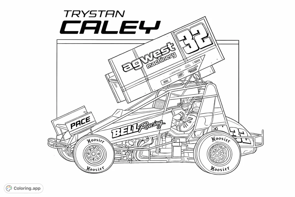 Unleash your creativity on this dynamic sprint car coloring page, featuring a detailed racing machine with prominent wings, exposed chassis, and bold numbers.