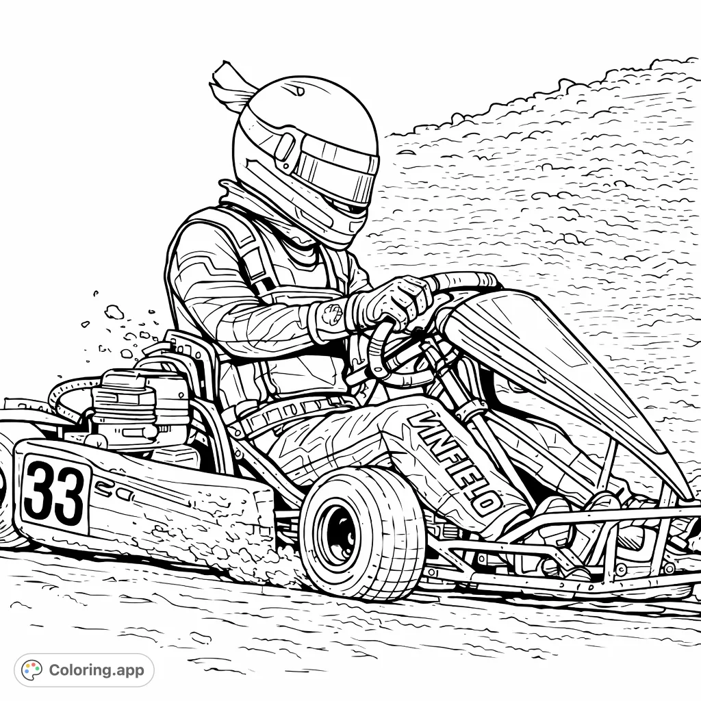 Experience the thrill of off-road racing! This go-kart coloring page features a racer caked in dirt, speeding through a challenging dirt track.