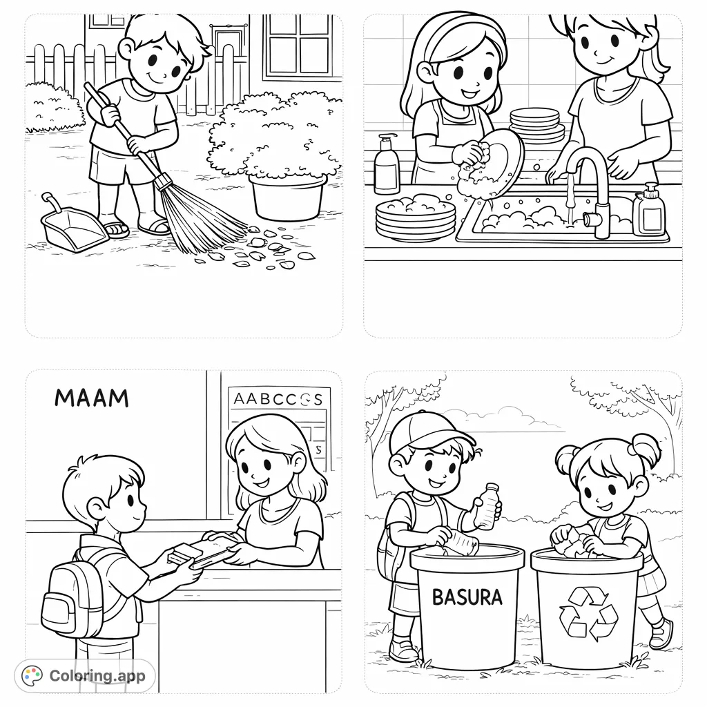 Four heartwarming scenes: a boy sweeping outdoors, a girl and woman washing dishes, a boy helping in class, and two children recycling. Celebrate daily responsibilities.