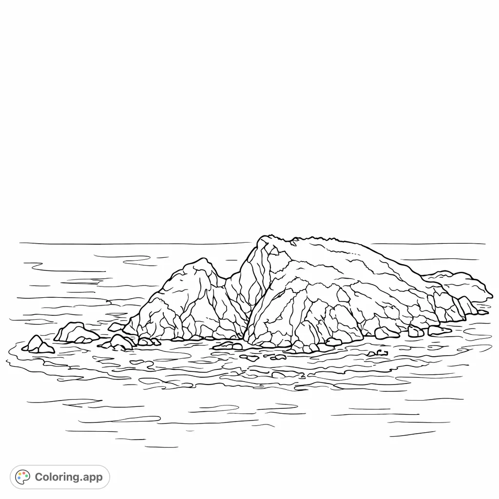 Explore a majestic island rock formation surrounded by dynamic ocean waves under a wide sky. A serene seascape perfect for creative coloring.