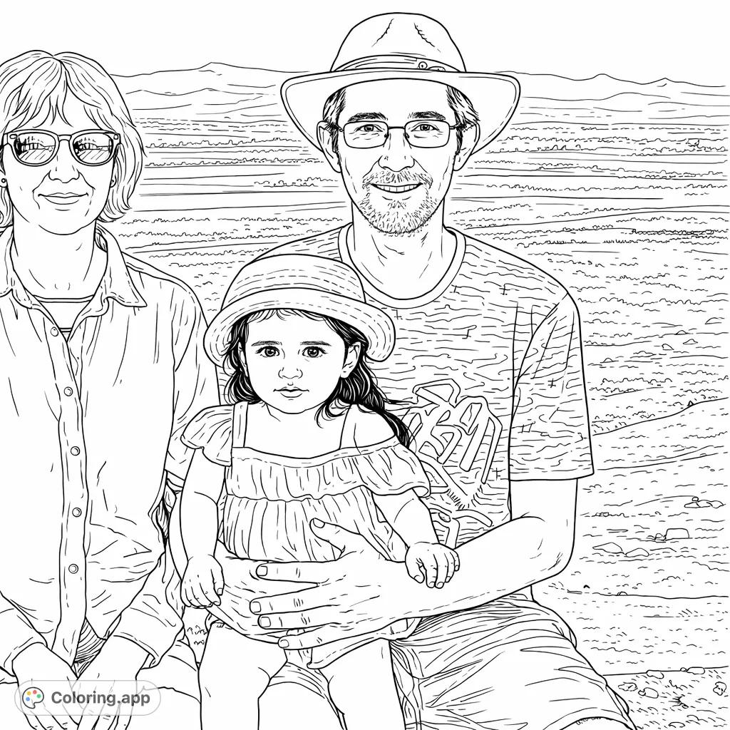 Capture a heartwarming moment of a family outdoors. This free printable family portrait coloring page features a man, a girl on his lap, and a woman, set against a scenic landscape.