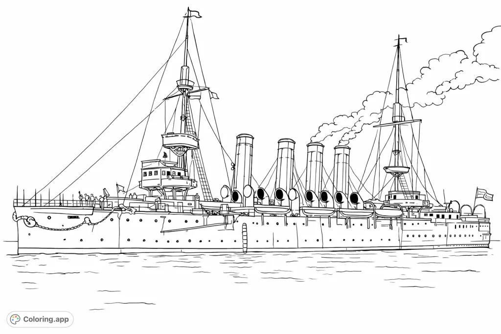 Capture the grandeur of a historical warship with intricate details, majestic masts, and smoke-billowing funnels, ready for your artistic touch.