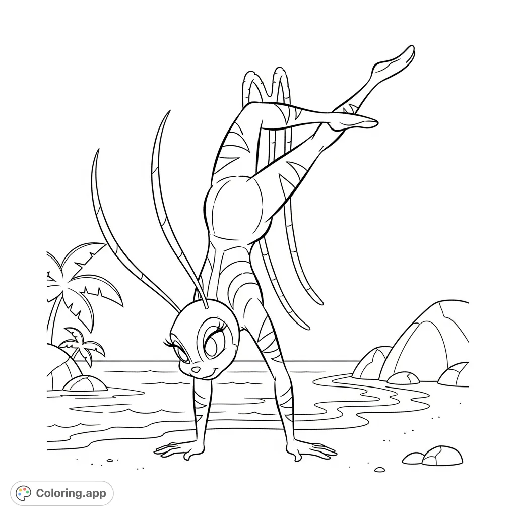 Join Disney's Angel in a playful handstand on a tropical beach! A fun and energetic free printable coloring page perfect for kids and Disney fans.