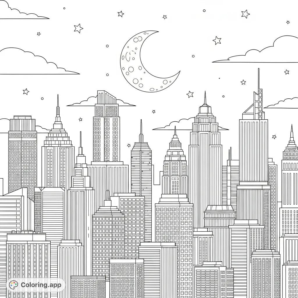A captivating urban night scene featuring towering skyscrapers, a grand moon, twinkling stars, and gentle clouds. Perfect for city lovers and dreamers.