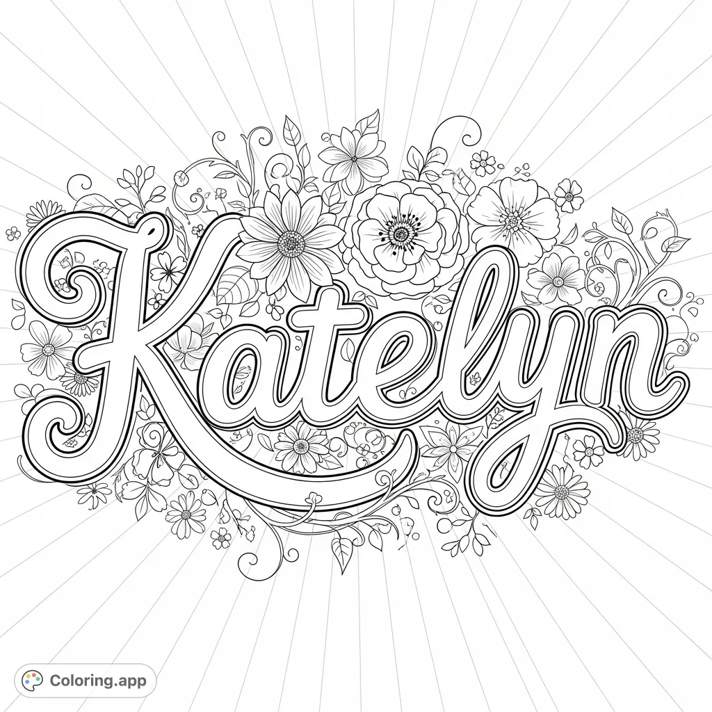 A beautiful "Katelyn" script surrounded by a whimsical array of diverse flowers and delicate vines. Perfect for personalized coloring.
