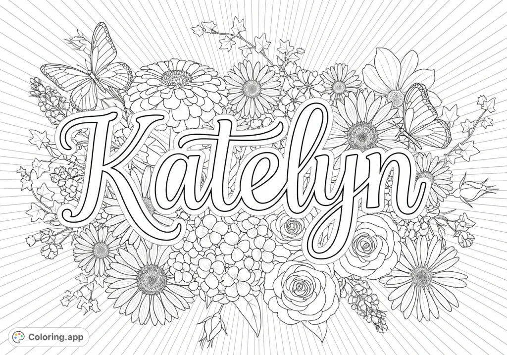 Discover a beautiful 'Katelyn' coloring page featuring whimsical calligraphy surrounded by detailed zinnias, daisies, hydrangeas, layered sunflowers, and butterflies.