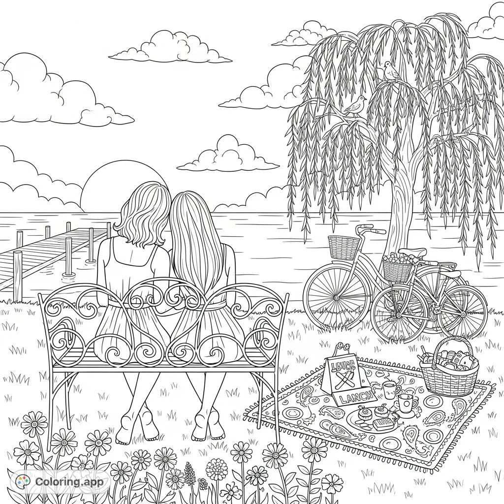 A heartfelt mother-daughter moment, sharing a tranquil sunset by the water with a picnic, willow tree, and antique bicycles.