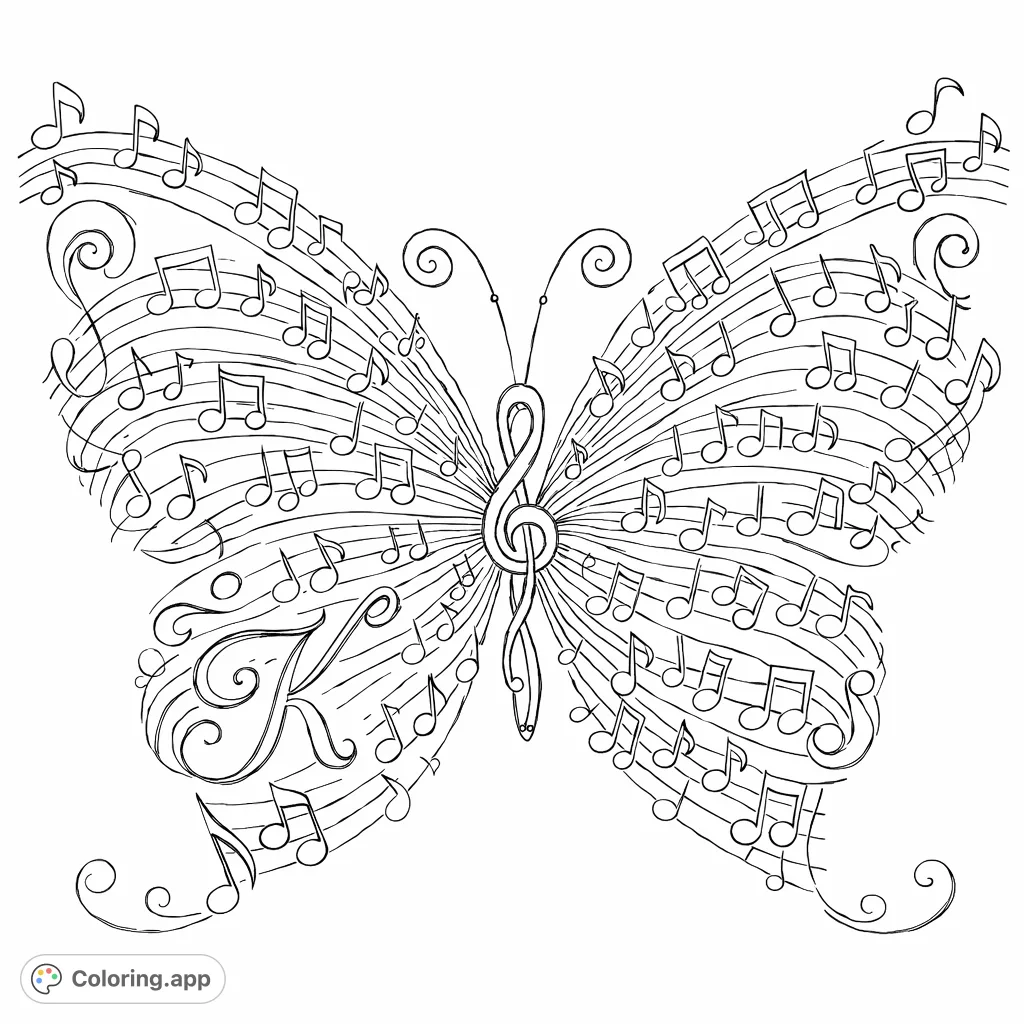Immerse yourself in this unique musical butterfly coloring page! Its wings are filled with flowing staves and notes, creating a symphony of shapes and artistic expression.