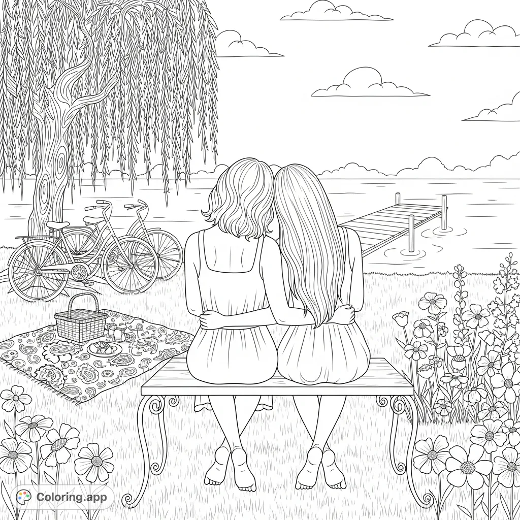 A heartwarming scene of a mother and adult daughter enjoying a peaceful moment on a bench overlooking water, complete with a picnic and antique bicycles.