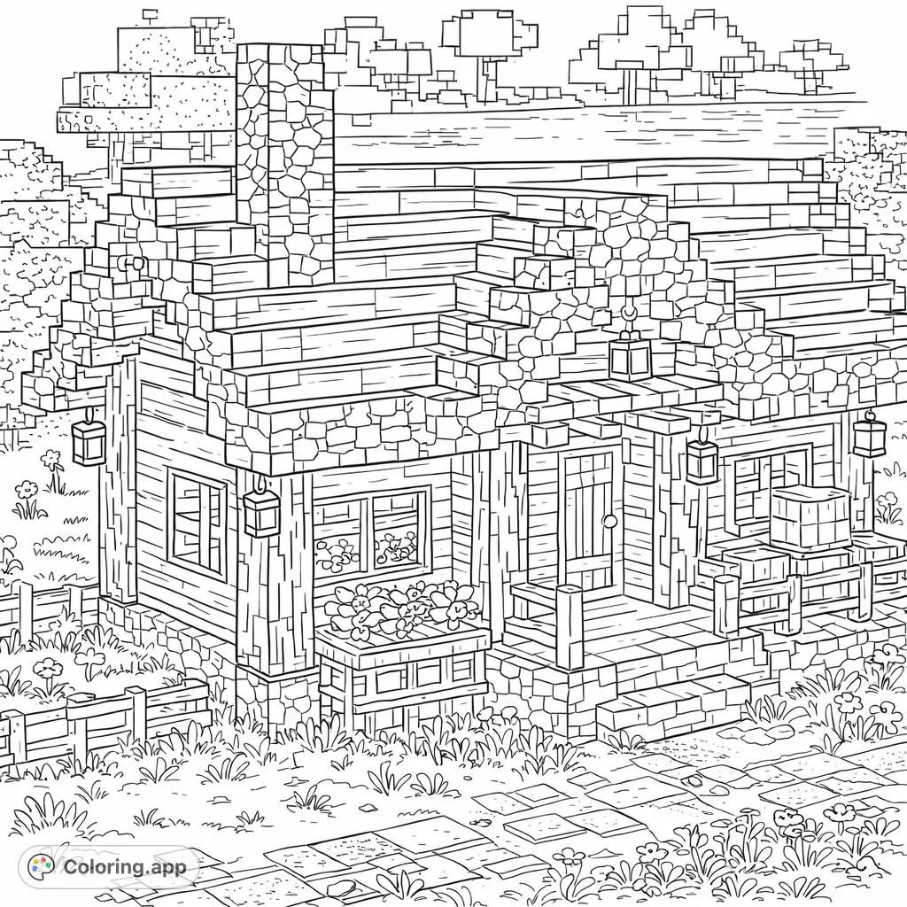 Color a charming block-style house with detailed wood and stone textures, surrounded by nature, a fence, and a pathway leading to a serene lake.