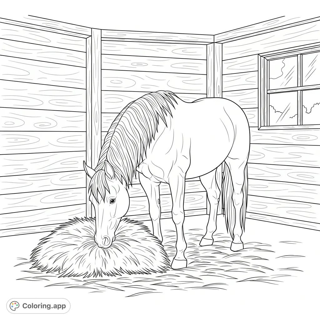 A lovely farm animals coloring page featuring a horse eating hay inside a rustic barn. Perfect for farm life enthusiasts and horse lovers.