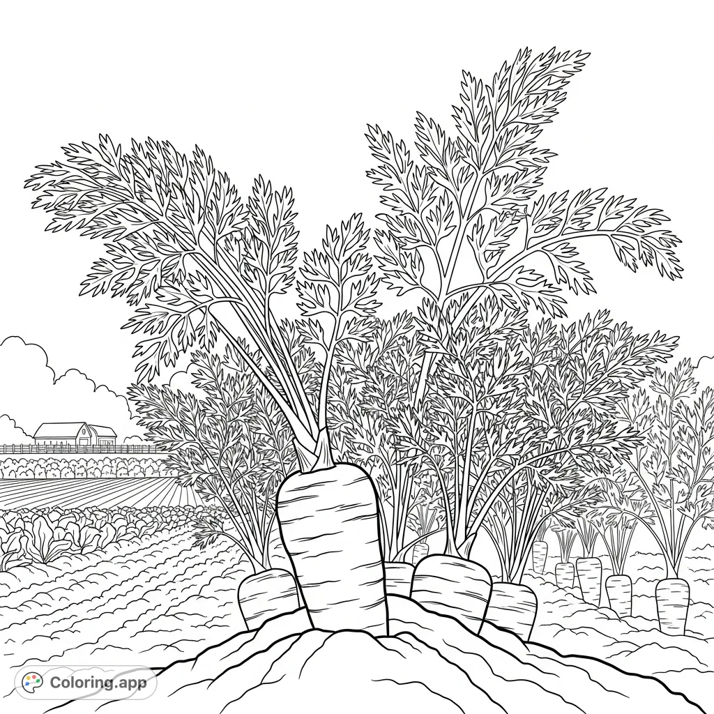 Discover a detailed single carrot coloring page, nestled in a bountiful patch within a farm's vegetable garden. Perfect for nature and farm animal enthusiasts.