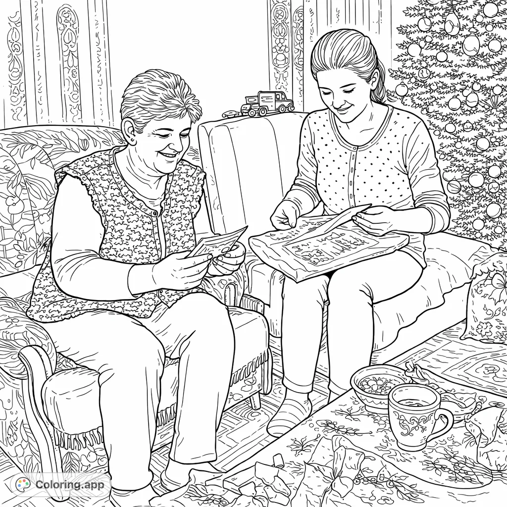 Capture a heartwarming festive family gathering with two women, a decorated tree, and a table of treats. Perfect for celebrating holiday joy and connection.