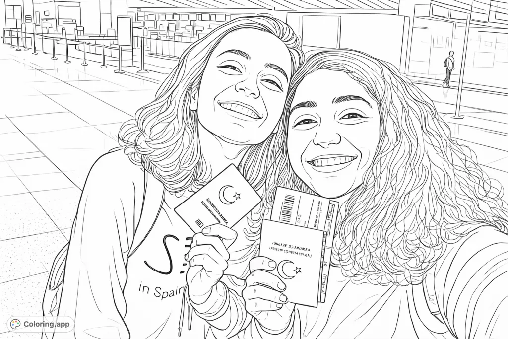 Capture the excitement of travel with two smiling friends holding passports and boarding passes in a bustling airport terminal, ready for adventure.