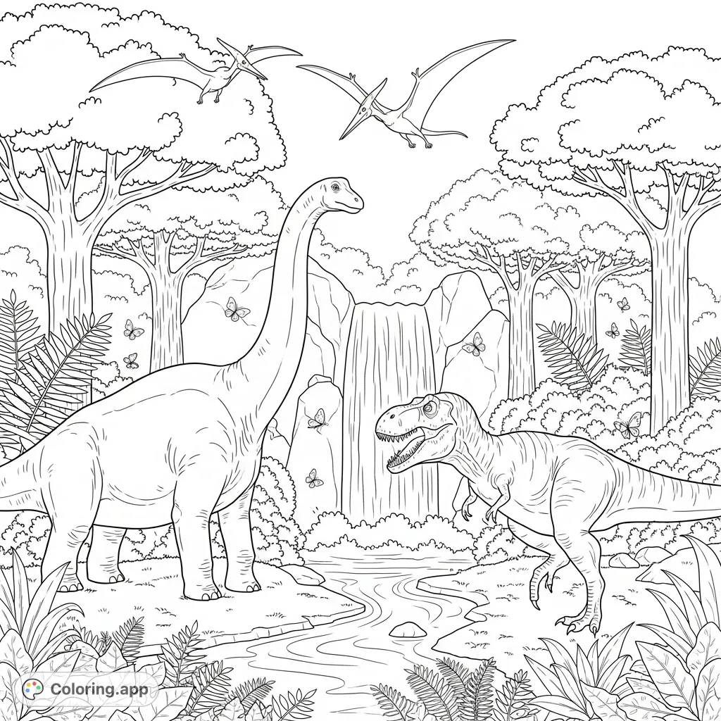 Immerse yourself in a prehistoric world with mighty dinosaurs, a cascading waterfall, and fluttering butterflies amidst lush jungle trees. A captivating nature scene for all ages!