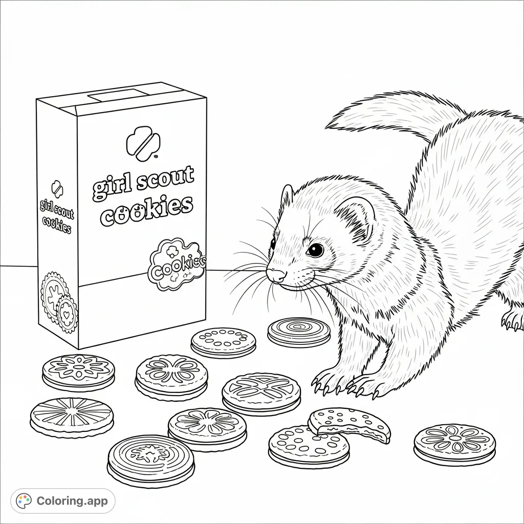 A playful ferret investigates a delicious stash of Girl Scout Cookies, featuring a detailed ferret and recognizable cookie boxes and treats.