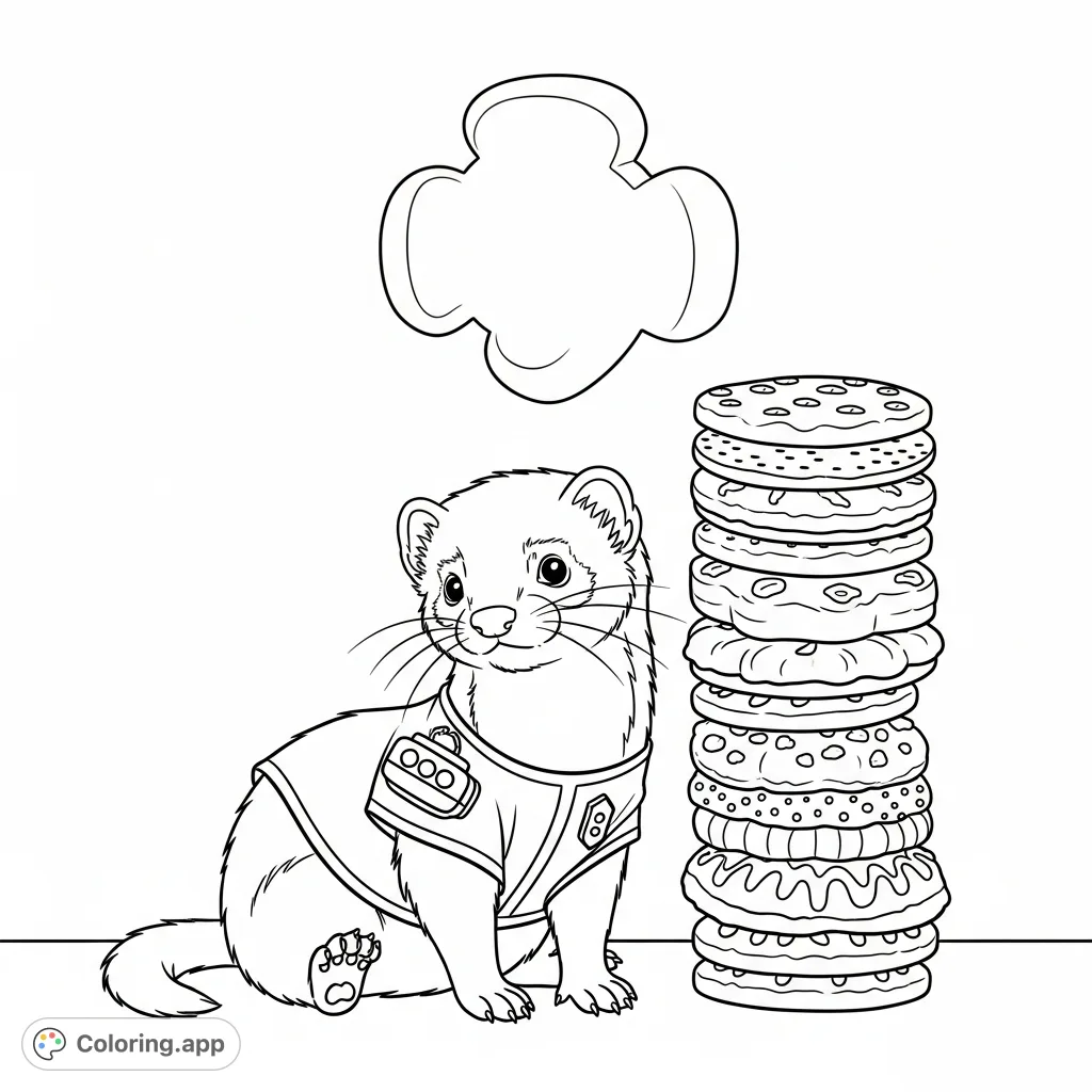 A charming cartoon black-footed ferret sits with a curious expression next to a tall stack of various Girl Scout cookies, with a prominent trefoil emblem.