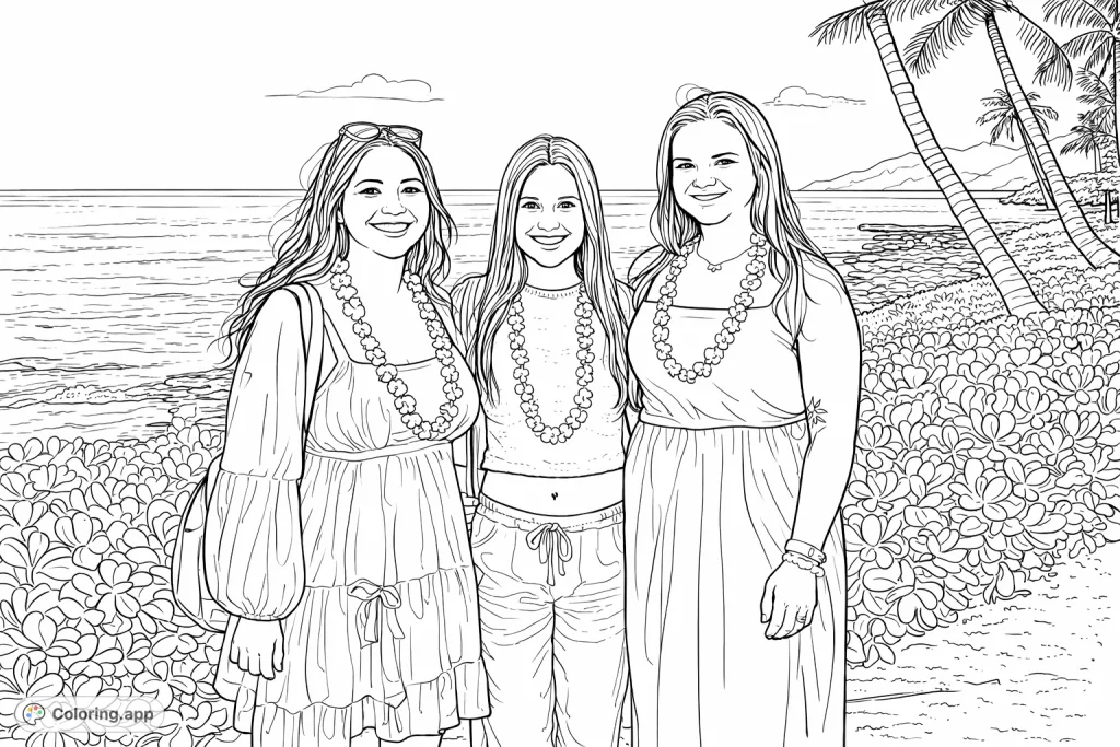Capture the warmth of friendship with this tropical friends coloring page. Features three smiling individuals against a detailed ocean and palm tree background.