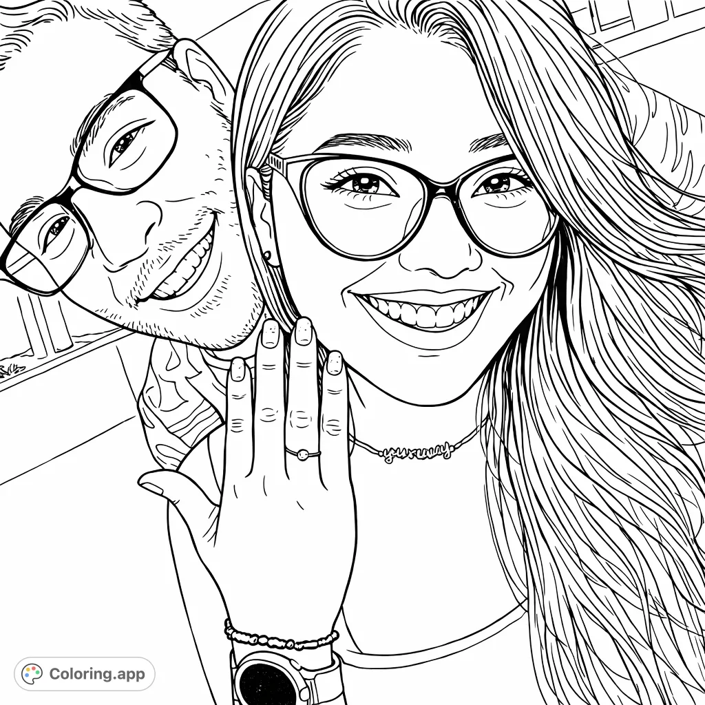 Celebrate love with this heartwarming coloring page! A happy couple smiles, featuring a woman proudly displaying her engagement ring. Perfect for personalizing.