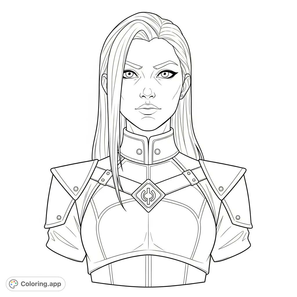 A detailed Caitlyn Kiramman coloring page, depicting the sharpshooter from Arcane in her iconic enforcer uniform, ready for your creative touch.