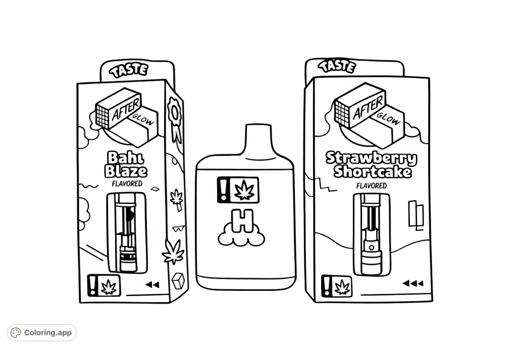 Color a sleek vaping device and two intricately designed flavor boxes on a textured surface. A modern and unique adult coloring experience awaits.