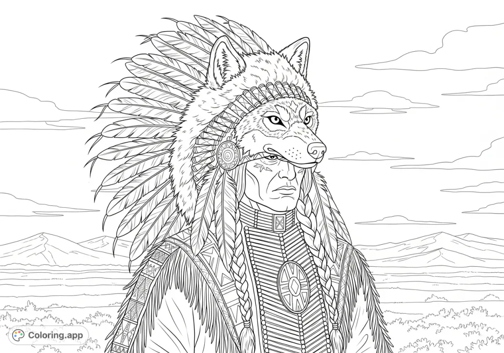 Discover a majestic Native American figure adorned with a detailed wolf head dress. This powerful design invites creativity for all ages.