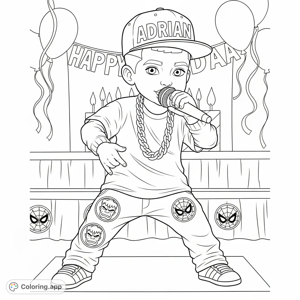 Celebrate Adrian's 5th birthday with this dynamic coloring page! Featuring Adrian as a rapper, surrounded by Hulk and Spider-Man motifs on a celebratory stage.