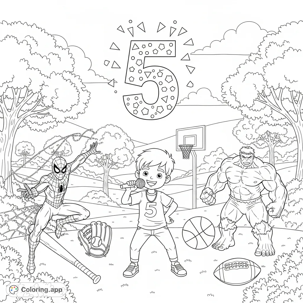 Celebrate Adrian's 5th birthday with Spider-Man, The Hulk, and all his favorite sports, dancing, and rapping in a lively outdoor park scene.