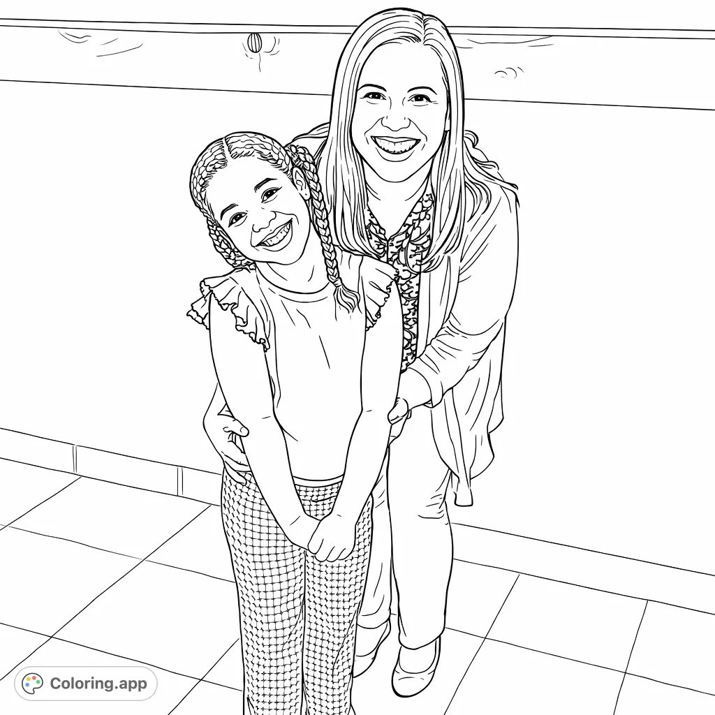 A heartwarming scene of a smiling woman embracing a joyful young girl. Features intricate patterns on clothing, set against a simple indoor background.