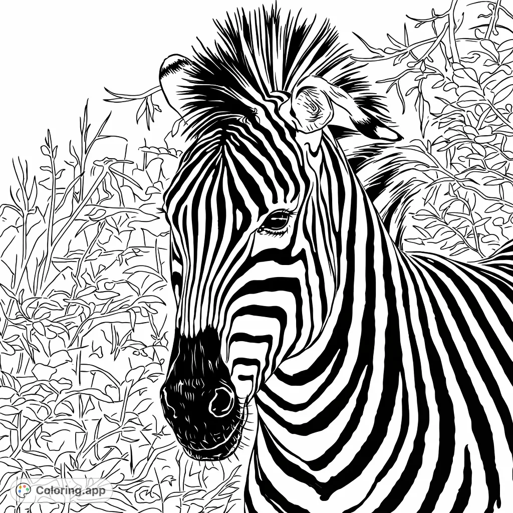 An engaging zebra portrait coloring page featuring its iconic stripes and a natural savanna background, perfect for animal lovers to bring to life.