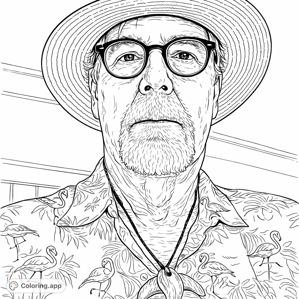 Color a detailed portrait of a man in a textured hat and glasses, featuring a distinctive flamingo and palm frond patterned shirt against a simple background.