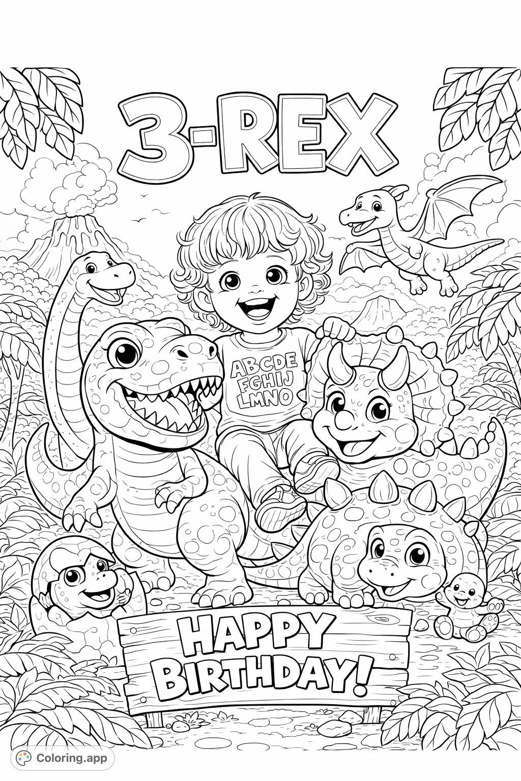 Join a happy toddler and a playful group of dinosaurs, including a T-Rex, Triceratops, and more, in a prehistoric landscape. Perfect for young dino fans!