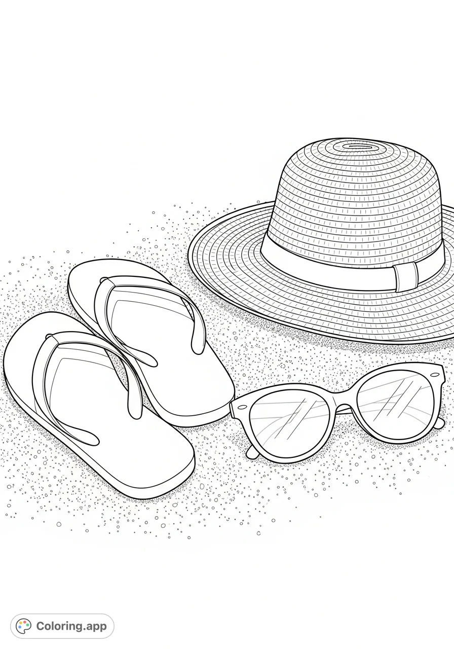 A serene beach scene featuring classic summer items: flip-flops, a sunhat, and sunglasses resting on textured sand. Perfect for a relaxing coloring experience!