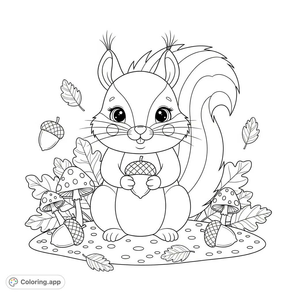 A delightful kawaii squirrel holds an acorn, surrounded by playful leaves and mushrooms. This free printable coloring page offers charming forest fun.