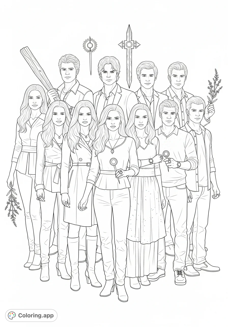 Immerse yourself in The Vampire Diaries universe with this free printable coloring page, featuring 11 iconic characters and key symbols like daylight rings and vervain.