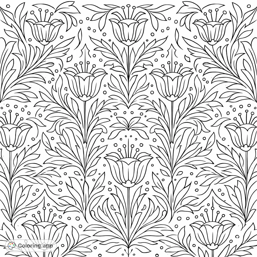 A beautifully detailed floral tapestry pattern featuring stylized blooms and lush foliage, perfect for an engaging coloring experience.