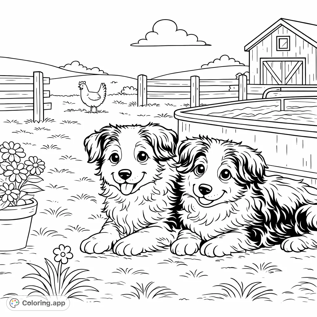 Charming farm scene with two playful Border Collie puppies, a chicken, barn, and flowers. Perfect for animal lovers of all ages!