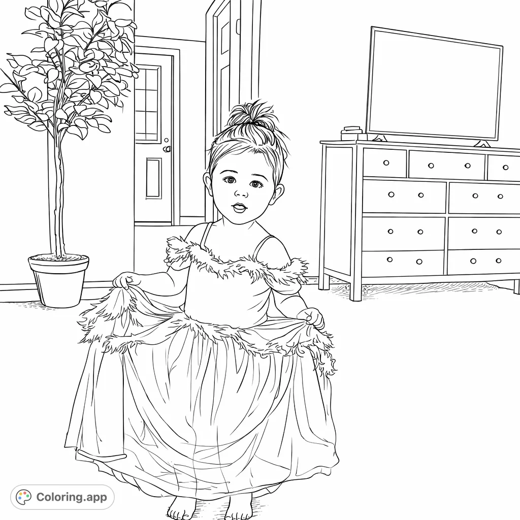 A delightful child in a textured dress, holding out the skirt playfully. Perfect for imaginative coloring and developing fine motor skills with varied details.