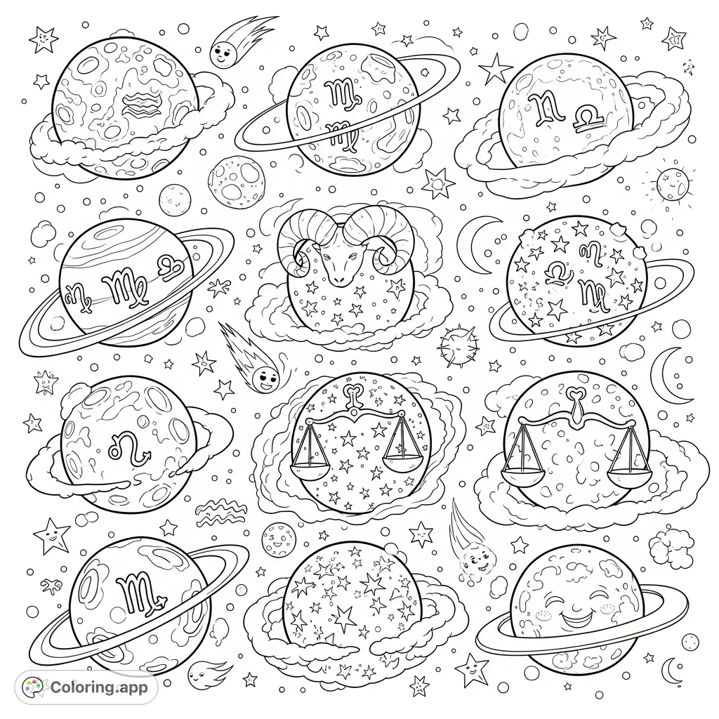 Explore the cosmos with this intricate astrological celestial bodies coloring page. Twelve unique celestial forms represent zodiac signs, perfect for cosmic enthusiasts.
